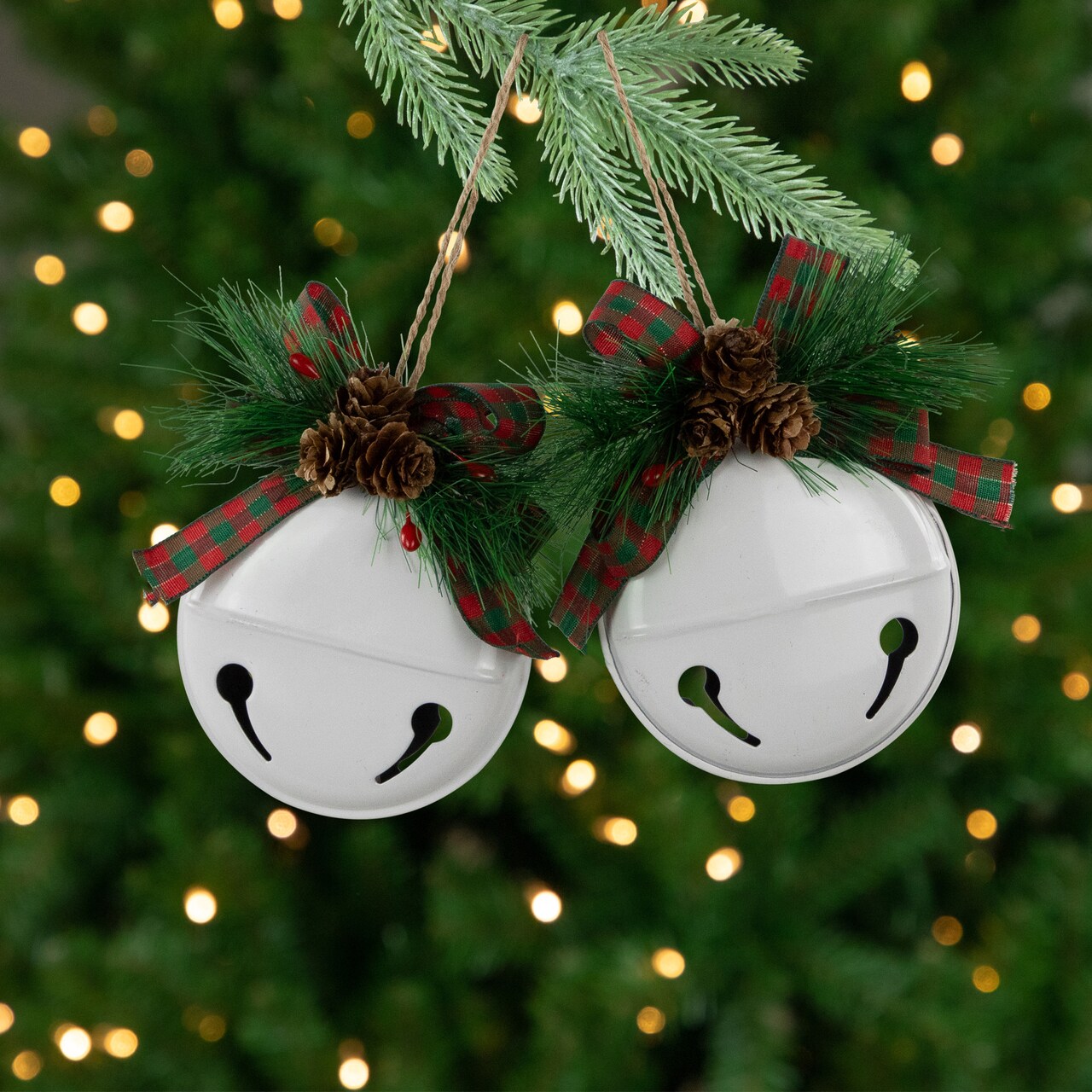 Northlight Jingle Bells with Pinecone Bows Disc Christmas Ornaments - 5" - White - Set of 2